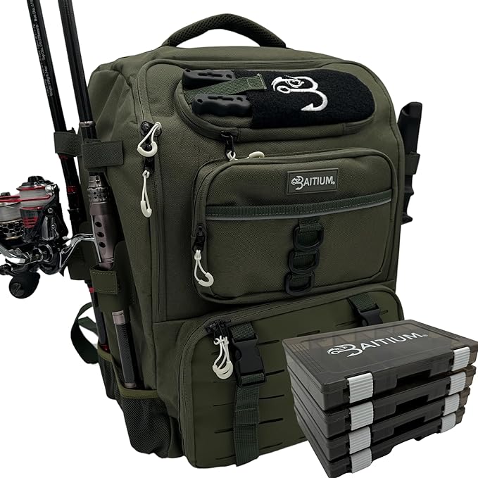 Baitium Fishing Backpack, Tackle Bag With Rod Holders, 40L Capacity With Cooler, Rain Cover, Insulated Pocket, 4 Tackle Trays Included- (Green)