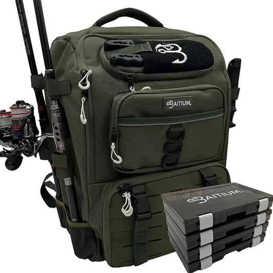 Baitium Fishing Backpack, Tackle Bag With Rod Holders, 40L Capacity With Cooler, Rain Cover, Insulated Pocket, 4 Tackle Trays Included- (Green)