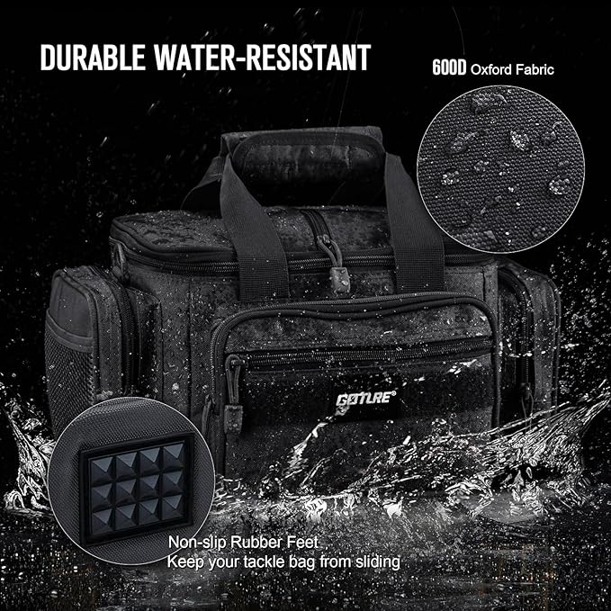 Goture Fishing Tackle Bag with 4 Tackle Boxes, Soft Side 600D Water-Resistant Cross Body Sling Fishing Bag, Small Saltwater Gear Storage Tactical Bags, Gifts for Men/Women (15.75"x9.45"x8.27")