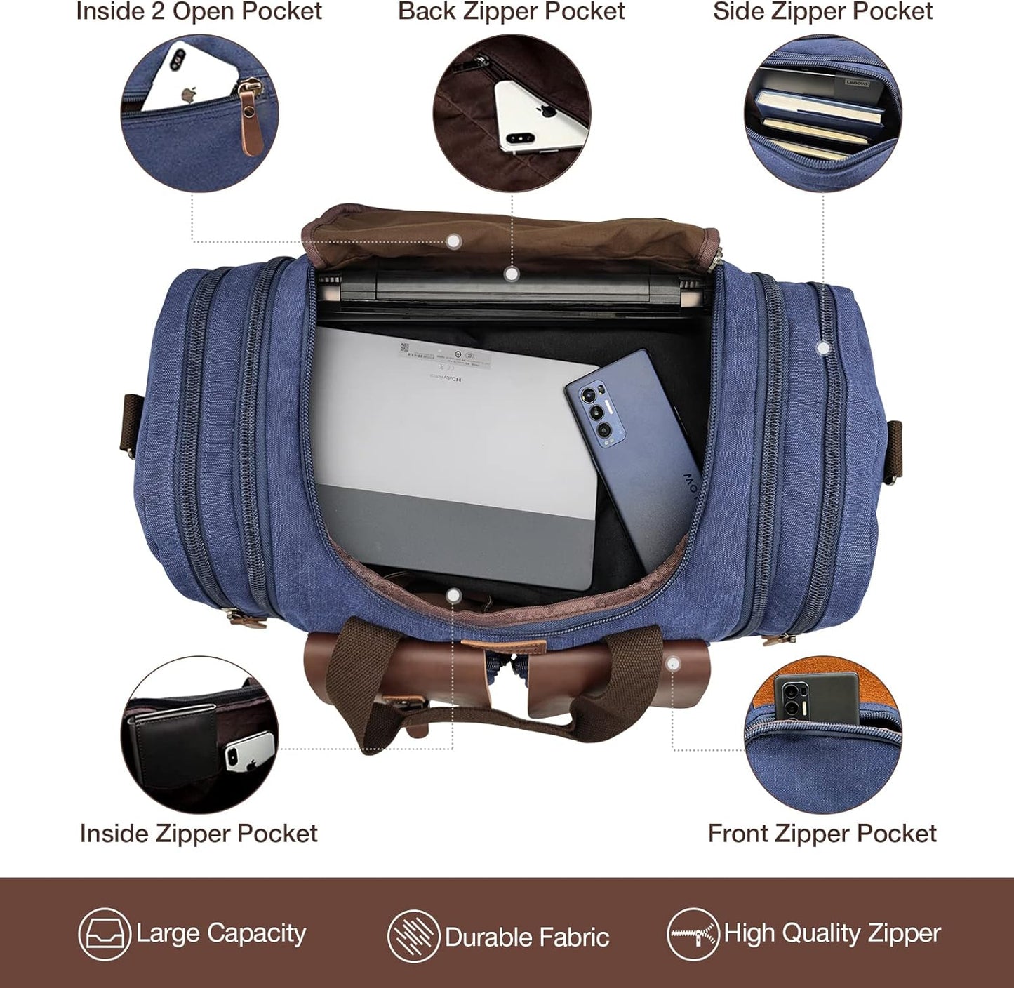 Wildroad 50L Travel Duffel Bag, Expandable Canvas Genuine Leather Duffle Bag Upgraded Overnight Weekender Carry on Bag - Roamly
