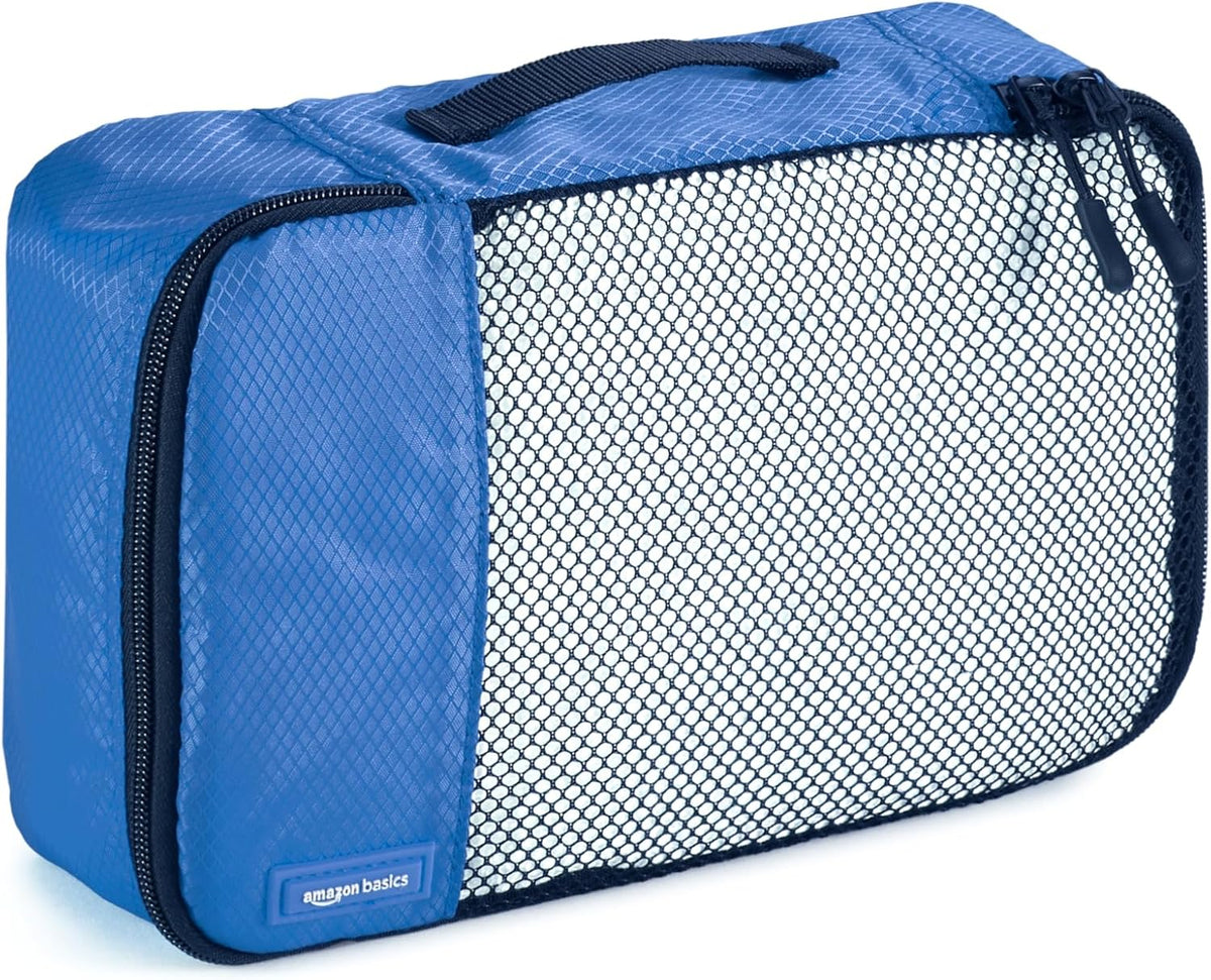 Amazon Basics Packing Cubes for Travel, Packing Organizers Set, 4-Piece-Set (Slim, Small, Medium, Large) With Double Zipper Pulls and Mesh Top Panel, 100% Durable Polyester, Blue - Roamly