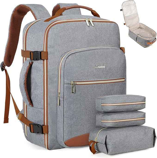 LOVEVOOK Travel Backpack for Women & Men 50L,Airline Approved Carry On Backpack Travel Essentials,TSA Carry on Luggage,Waterproof Personal Item Travel Bag,Suitcase with 3 Packing Cubes,Grey-Brown