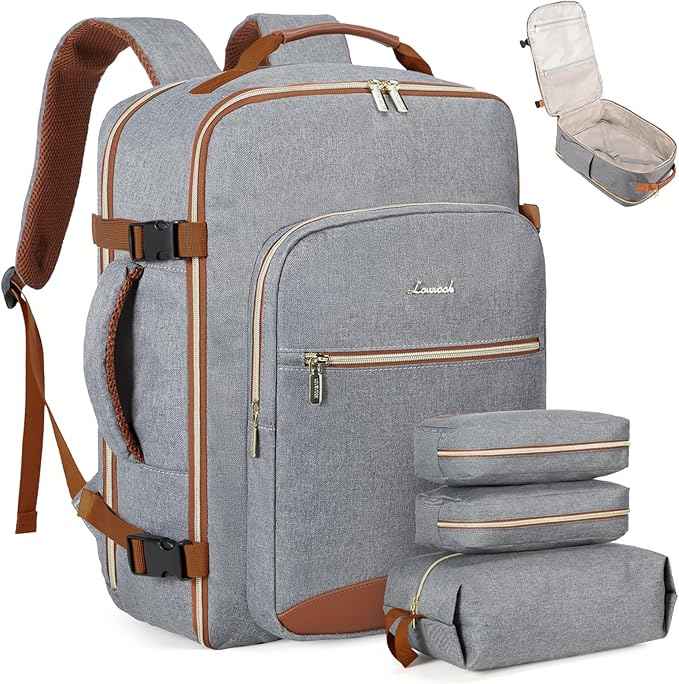 LOVEVOOK Travel Backpack for Women & Men 50L,Airline Approved Carry On Backpack Travel Essentials,TSA Carry on Luggage,Waterproof Personal Item Travel Bag,Suitcase with 3 Packing Cubes,Grey-Brown