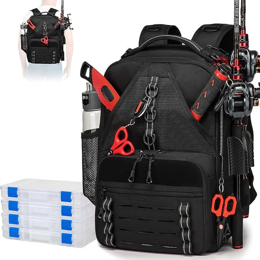 Fishing Tackle Backpack,Tackle Bags with 2 Rod Holders,Water-Resistant Tackle Bag Storage Bag for Fishing Gear(Black,4 Tackle Boxes)