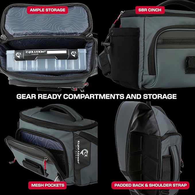 Evolution Fishing Largemouth 3.0 Sling Pack - Grey, 3600, Tackle Storage Shoulder Bag, Includes Deep Quiklatch Tackle Tray, Plier Holster, Heavy Duty Sling Pack