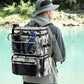 HXLGMD Fishing Backpack with Rod Holders, Double Layer Large Water-resistant Tackle Bag Store Gear with Cooler, Grey