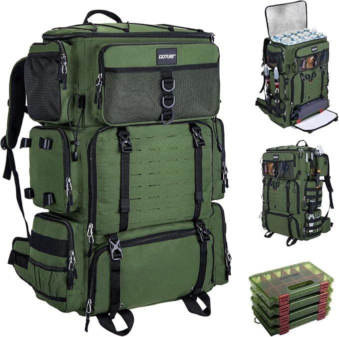 Goture Fishing Backpack with Cooler, 72L 600D Tackle Backpack Included 4 3700 Tackle Boxes, Dry & Wet Split Compartment, Large Fishing Tackle Bag with Rod Holders,Rain Cover for Travel Camping Hiking