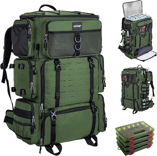 Goture Fishing Backpack with Cooler, 72L 600D Tackle Backpack Included 4 3700 Tackle Boxes, Dry & Wet Split Compartment, Large Fishing Tackle Bag with Rod Holders,Rain Cover for Travel Camping Hiking
