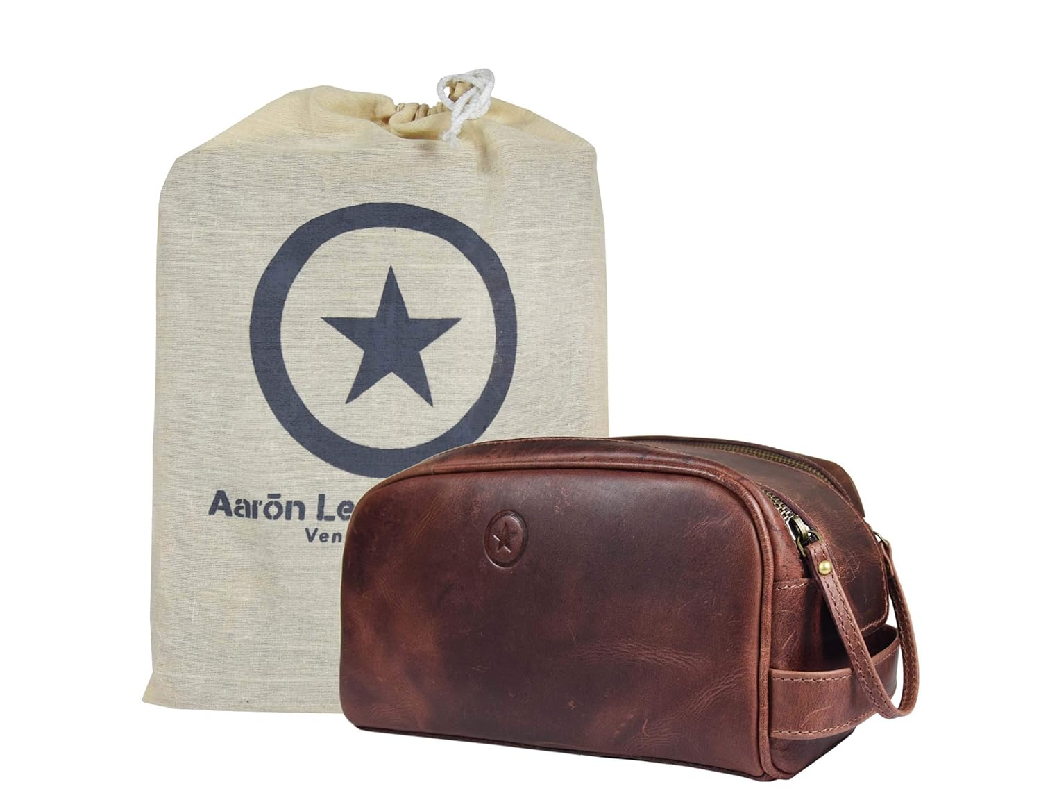 10" Premium Leather Toiletry Travel Pouch With Waterproof Lining | King-Size Handcrafted Vintage Dopp - Kit By Aaron Leather Goods (Dark Brown) - Roamly