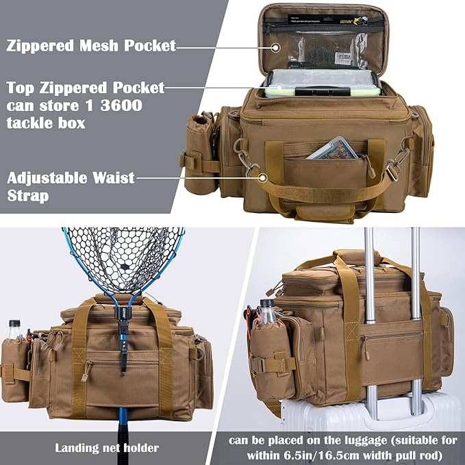 Goture Fishing Tackle Bag with 4pcs 3600 Tackle Boxes, 600D Water-Resistant Soft Side Saltwater Gear Storage Fishing Bag with Rod Straps, Detachable Water Bottle Pouch, Waterproof Bottom, SBS Zippers