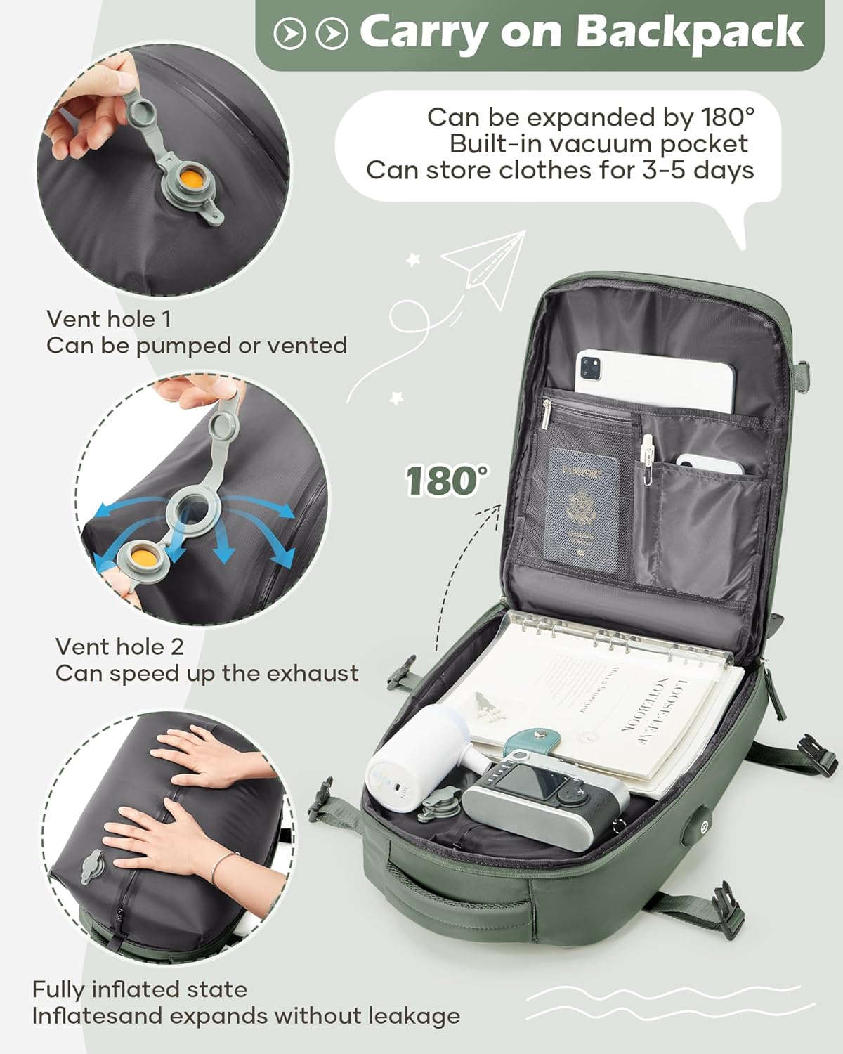 Vacuum Backpack Travel Laptop Backpacks For Women Men Carry On Backpack With Vacuum Compression Bags Seal Packing Personal Item Travel Bag Vacpack Backpacks Without Pump Olive Green - Roamly