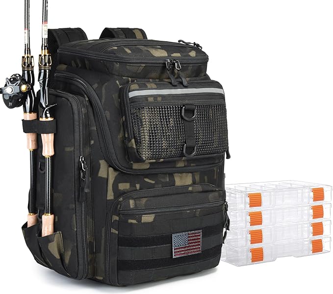 HAMBOLY Fishing Backpack with Rod Holders, 40L Tackle Box Backpack for Fishing Gear, Waterproof Fishing Bag for Men