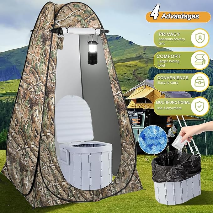 Portable Toilet Kit, Camping Toilet with Pop-Up Privacy Tent and Poo Gel Toilet Bags, Washable Portable Outdoor Showers Changing Rooms