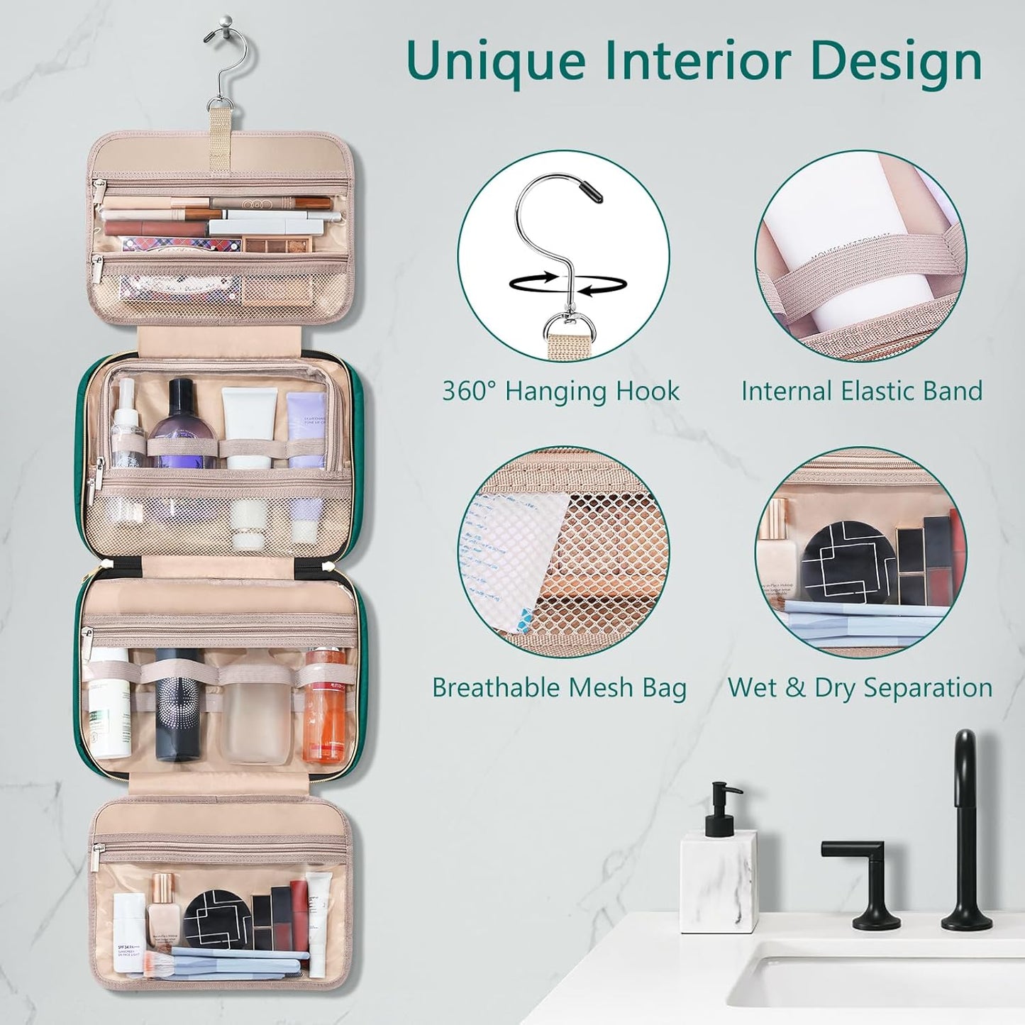 Wedama Toiletry Bag for Women, Hanging Travel Toiletry Bag with Jewelry Organizer Compartment Large Makeup Bag, PVC Waterproof Cosmetic Travel Bag Trips Camping Bathroom, Green+Brown - Roamly