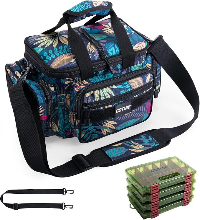 Goture Fishing Tackle Bag with 4 Tackle Boxes, Soft Side 600D Water-Resistant Cross Body Sling Fishing Bag, Small Saltwater Gear Storage Tactical Bags, Gifts for Men/Women (15.75"x9.45"x8.27")