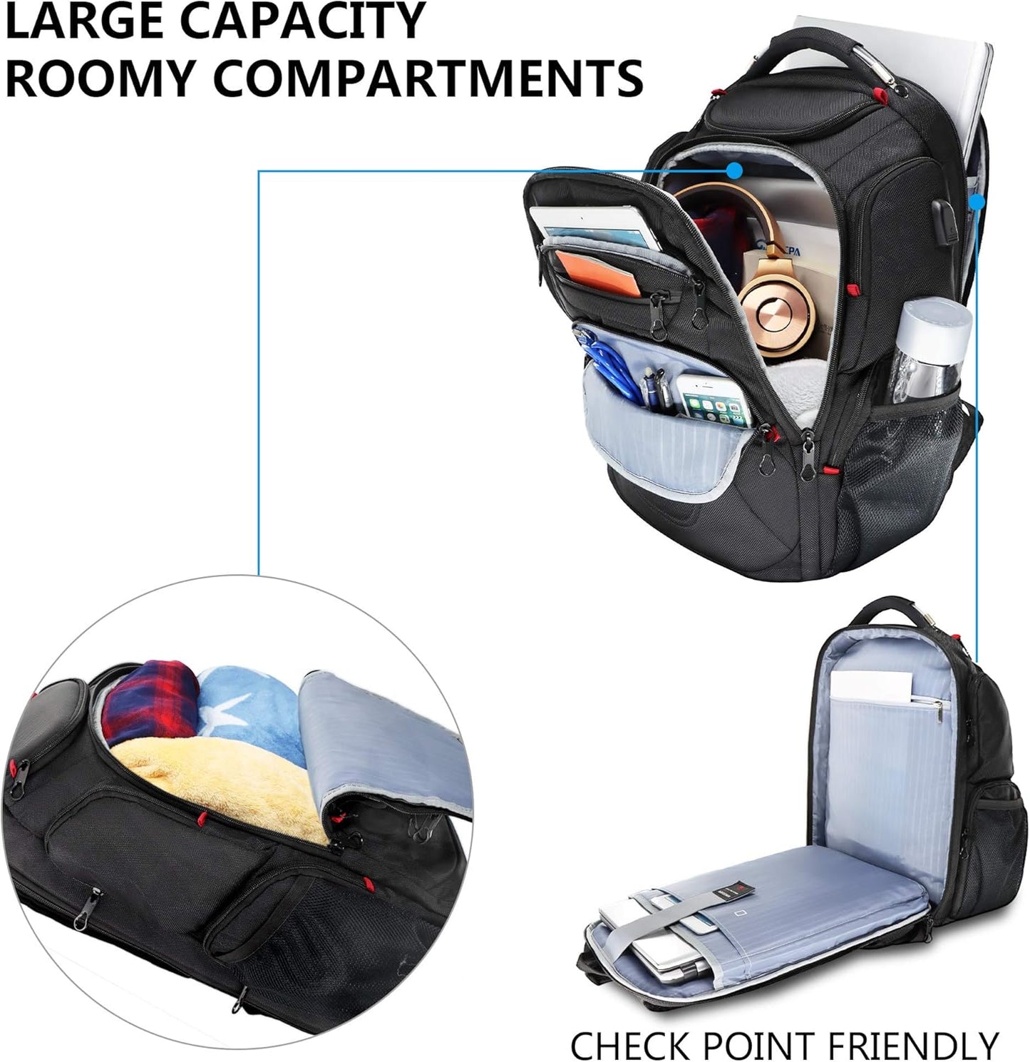 KROSER TSA Friendly Travel Laptop Backpack 17.3 inch XL Computer Backpack Water-Repellent College Daypack Business Backpack with RFID Pockets & USB Port for Men/Women-Black - Roamly