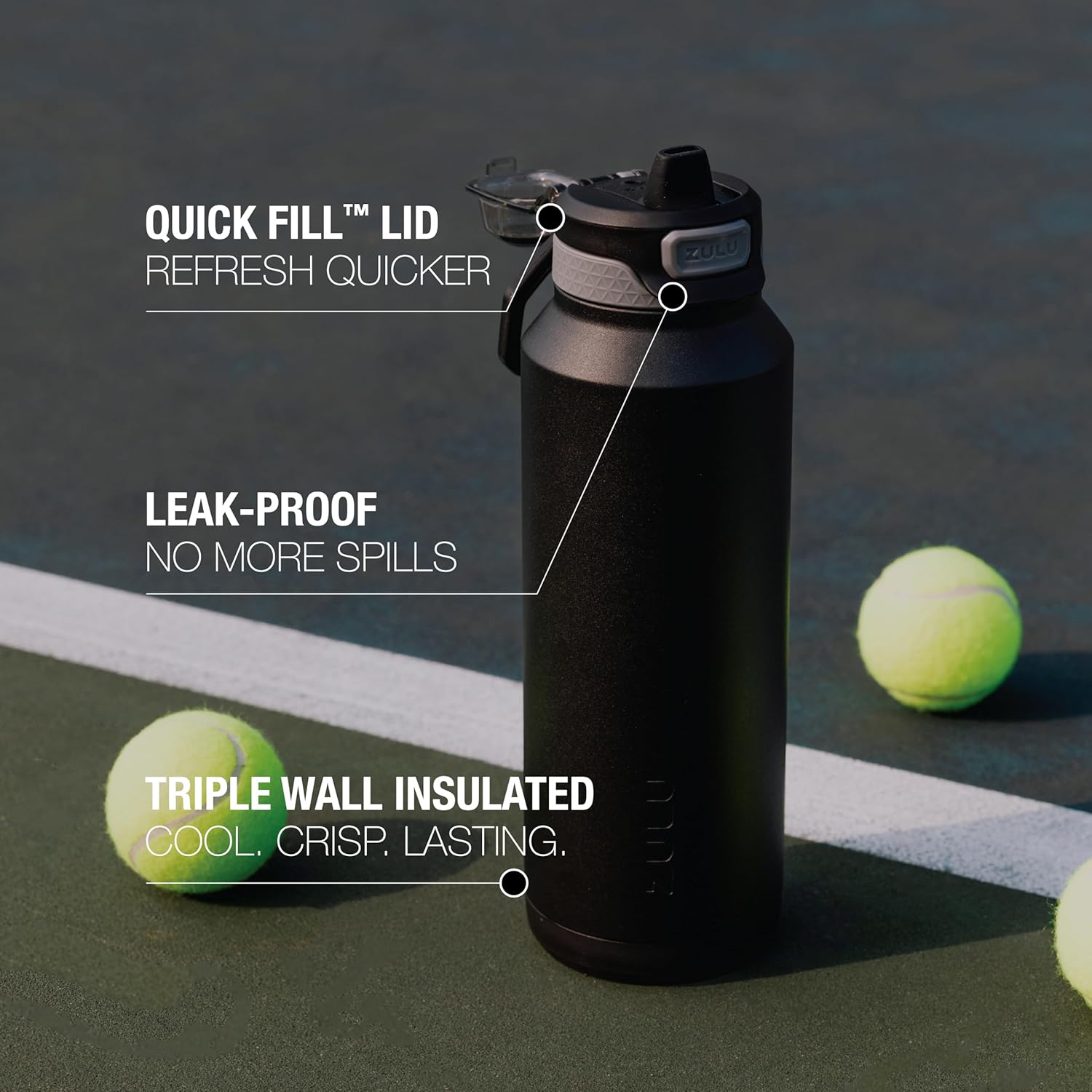 ZULU Powerfill Pro 24oz Stainless Steel Water Bottle with Quick Fill Lid, Triple Walled Vacuum Insulated Metal, Leak Proof Locking Lid, Sip and Chug, Reusable BPA Free, Black - Roamly
