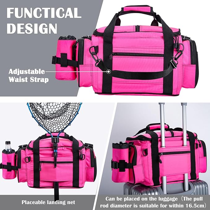 Goture Fishing Tackle Bag,Store Up to 4PCS 3700 Tackle Boxes(Not Included),600D Soft Side Water-Resistant Saltwater Gear Storage Fishing Bag with Rod Straps,Detachable Water Bottle Pouch,SBS Zippers