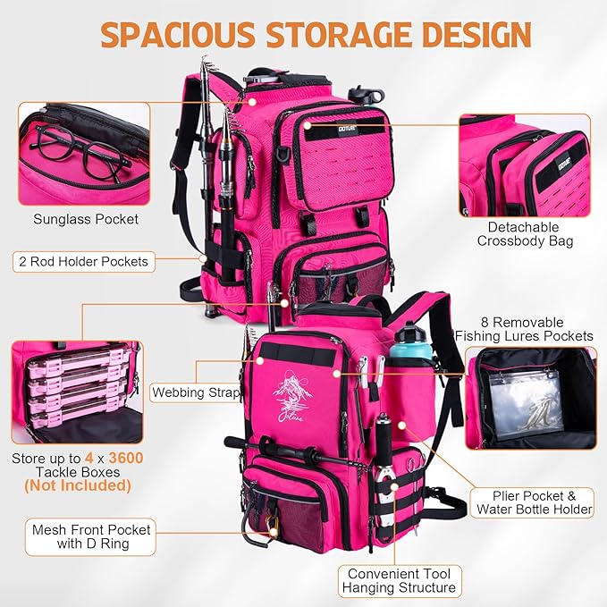 Goture Fishing Backpack, 900D Water-Resistant Tackle Backpack with Rod Holders, 58L Large Storage Gear Fishing Tackle Bag with Detachable Crossbody Bag,8 Lure Pockets,Bottle Holder for Camping Hiking