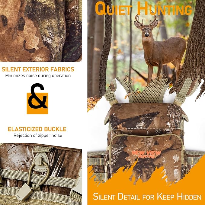 NEW VIEW Silent Binocular Harness Chest Pack, Hunting Bino Case with Dual MOLLE Straps, Binocular Harness with Detachable Chest Strap Rangefinder Pouch Rain Cover for Saddle Hunting Bird Watching
