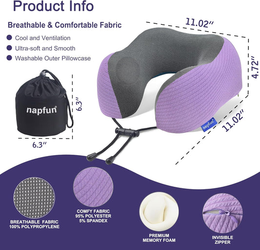napfun Neck Pillow for Traveling, Upgraded Travel Neck Pillow for Airplane 100% Pure Memory Foam Travel Pillow for Flight Headrest Sleep, Portable Plane Accessories, Striped Light Purple Set