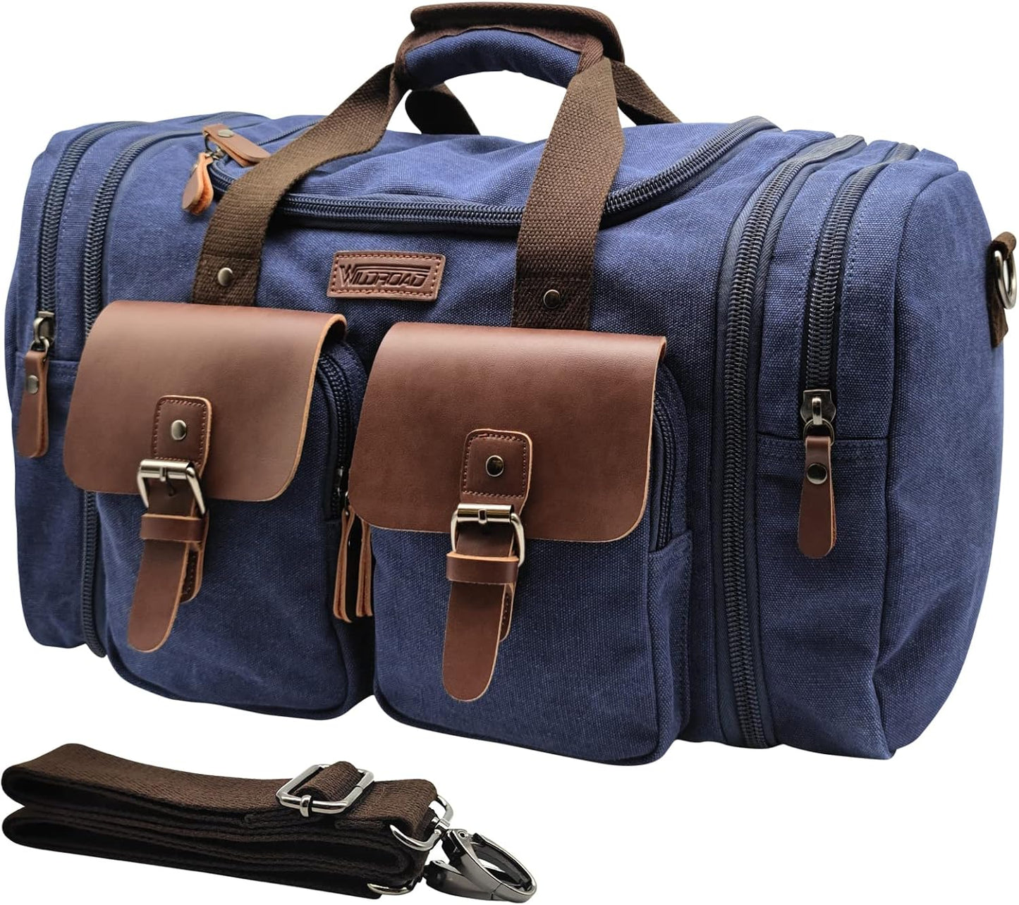 Wildroad 50L Travel Duffel Bag, Expandable Canvas Genuine Leather Duffle Bag Upgraded Overnight Weekender Carry on Bag - Roamly