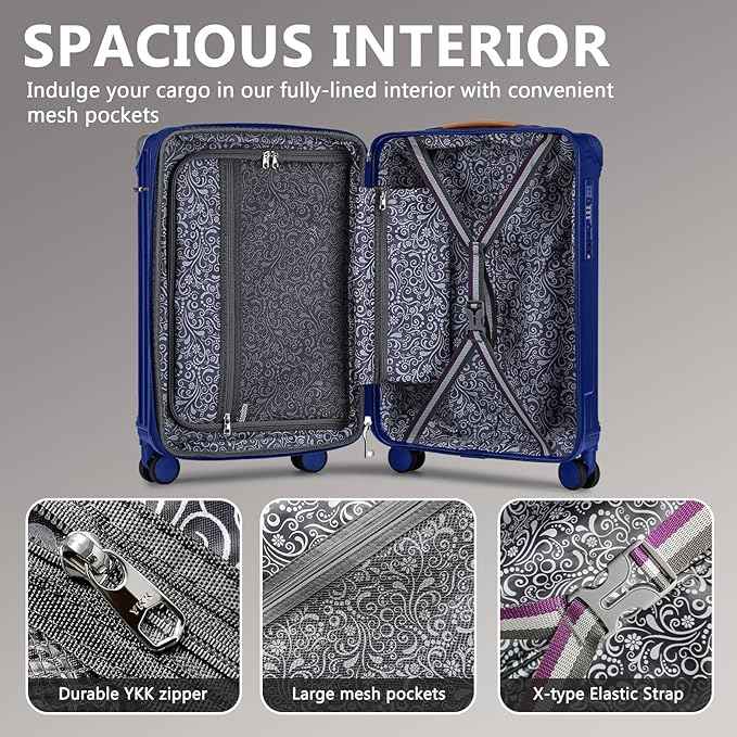 Joyway 20in Carry On Luggage with Cup Holder and USB Port, 25% Expandable Capacity, Smart Suitcase with Anti Slip Wheels and Handbag, Perfect for Men and Women 3 Piece Set Blue