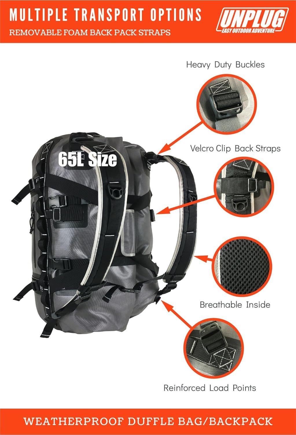 UNPLUG Waterproof Bags for Travel -1680D Heavy Duty Waterproof Duffel Bag for Camping, Motorcycle Dry Bag, Hunting Bag, Bug Out Bag, dry bags for kayaking waterproof boat bag (65L Storm Grey) - Roamly