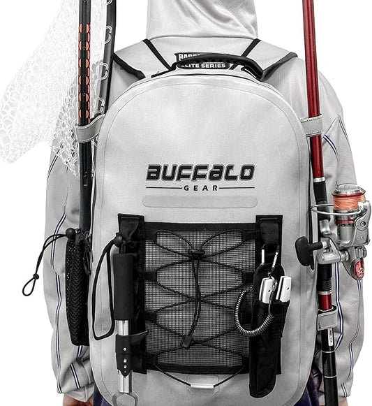 Buffalo Gear Waterproof Fishing Backpack With Rod Holder, 26L Fly Tackle Storage for Fishing