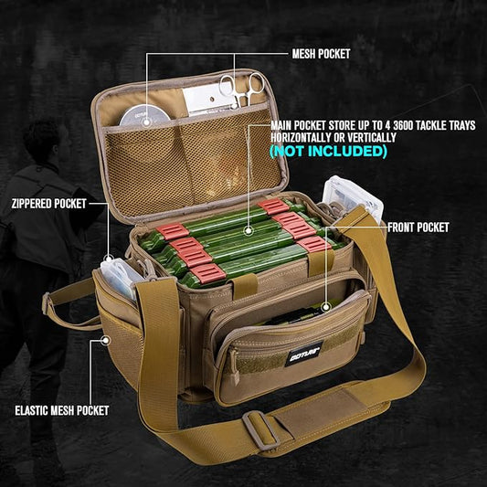 Goture Fishing Tackle Bag, 600D Water-Resistant Soft Side Crossbody Sling Bag for Men & Women,Small Gear Storage Tactical Bags for Saltwater & Freshwater,Fits 4 3600 Tackle Boxes (Not Included)