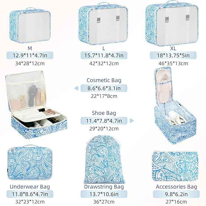 BAGAIL 8 Set Packing Cubes Luggage Packing Organizer Bags for Travel Accessories-Blue paisley