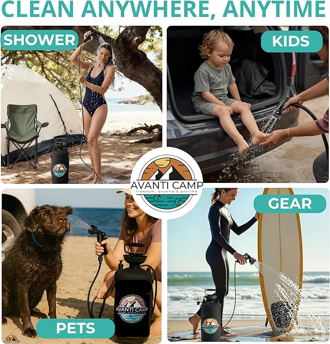 Pressurized Camping Shower (8L/2.1 Gal) – Portable Beach Shower for Surfing, Camping & Van Life – Outdoor Rinse Kit with Hand Pump & 10 Spray Modes – Portable Water Sprayer Pets & Gear | AVANTI CAMP