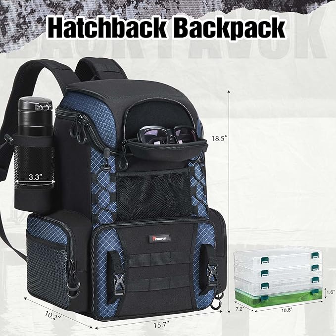 Piscifun Fishing Tackle Backpack with Rod Holders & 4 Tackle Boxes, 42L Outdoor Fishing Bag with Waterproof Rain Cover