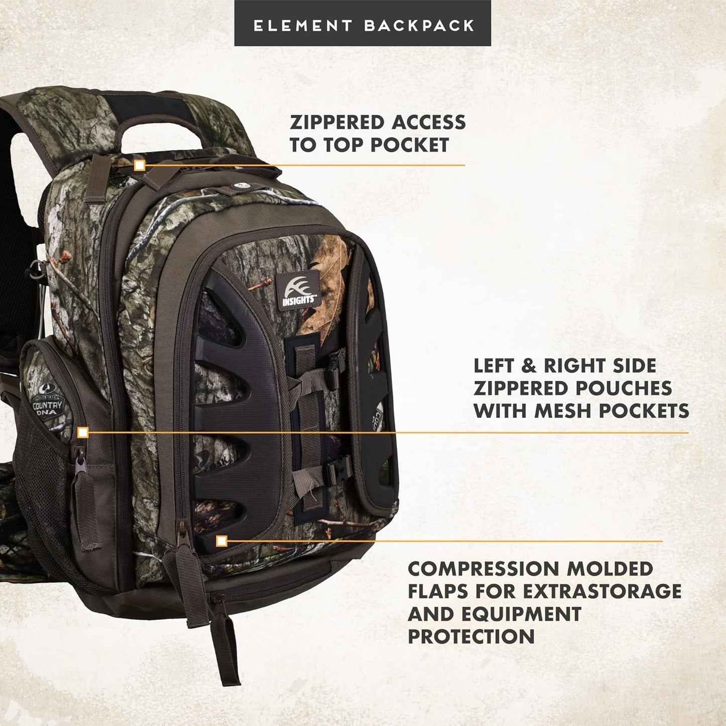 Insights Hunting by frogg toggs - The Element, Heavy Duty 1,831 Cubic Inch Hiking Fishing Camping Hunting Backpack, Mossy Oak DNA - Roamly