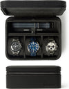 TAWBURY 3 Slot Watch Case Plus Storage – Luxury Leather Watch Travel Case for Men | Black Watch Cases for Men Travel | Traveling Watch Holder for Men | Black Watch Roll Case | 3 Watch Box for Men
