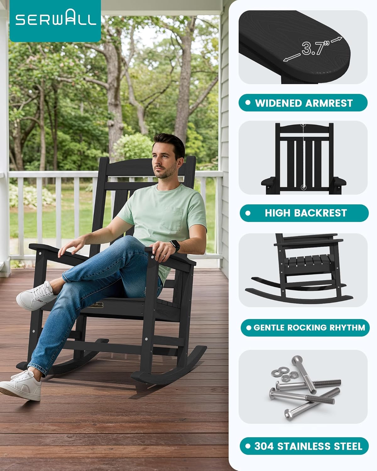 SERWALL Outdoor Rocking Chair, HDPE Patio Rocking Chair All-Weather Porch Rocker for Balcony, Yard, Black