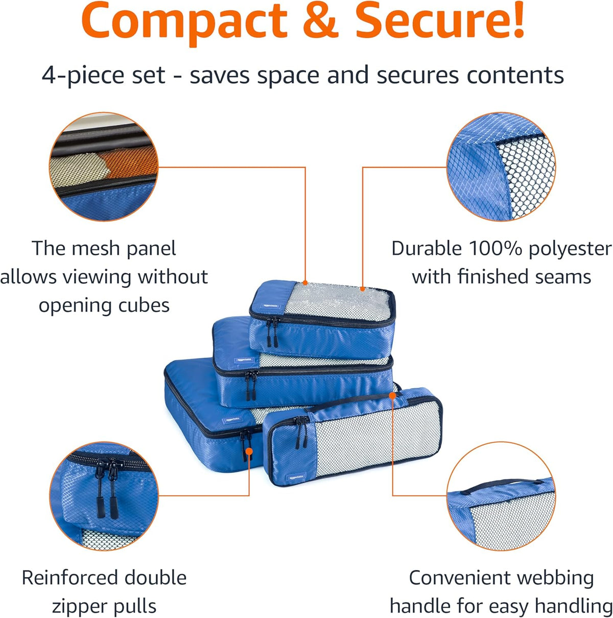 Amazon Basics Packing Cubes for Travel, Packing Organizers Set, 4-Piece-Set (Slim, Small, Medium, Large) With Double Zipper Pulls and Mesh Top Panel, 100% Durable Polyester, Blue - Roamly