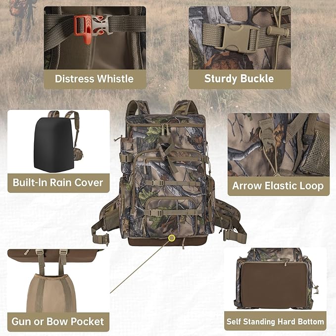 Hunting Backpack with Waterproof Rain Cover, Self Standing Hard Bottom, 50L Camo Hunting Day Pack for Bow Rifle Gun
