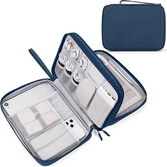 FYY Electronic Organizer, Extra Large Travel Cable Organizer Bag Pouch Portable Waterproof Double Layers All-in-One Storage Bag for iPad, Cable, Power Bank, Laptop Charger for Office/Home, Navy