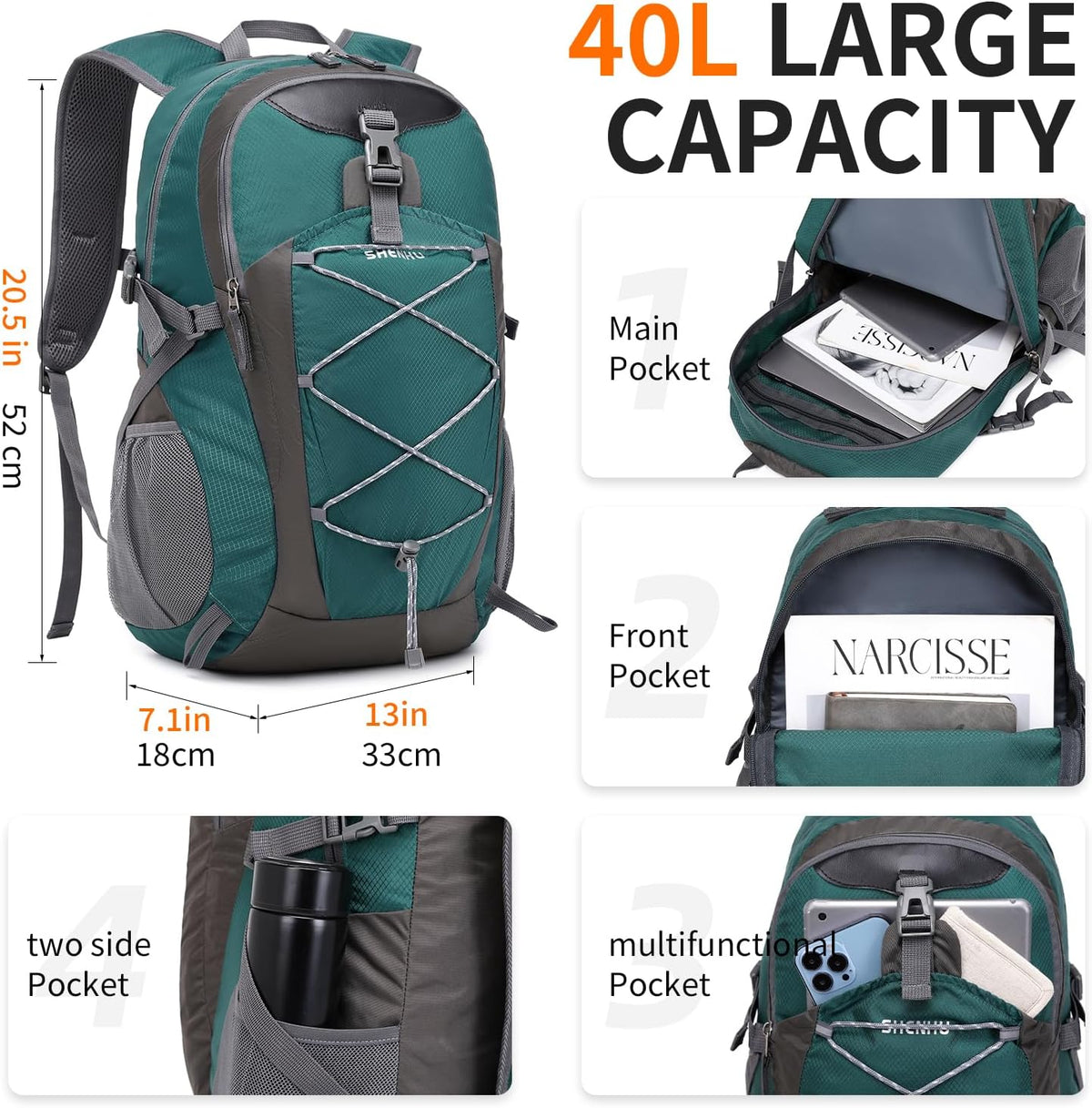 40L Hiking Backpack Lightweight Daypack Waterproof Travel Camping Backpack for Men Women Sport Packable - Roamly