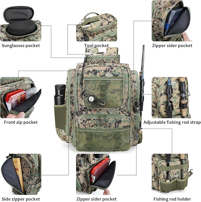 WANOON Fishing Backpack,Fishing Bag with Rod Holders. Large Ttackle Backpack Strong Materials,42L