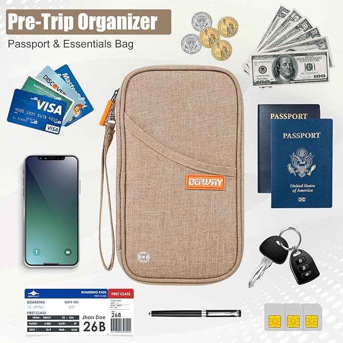 defway Passport Holder Travel Wallet - Family Passport Holder of 4, RFID Blocking Passport Wallet for Men Women, Travel Essentials for Flying (khaki)