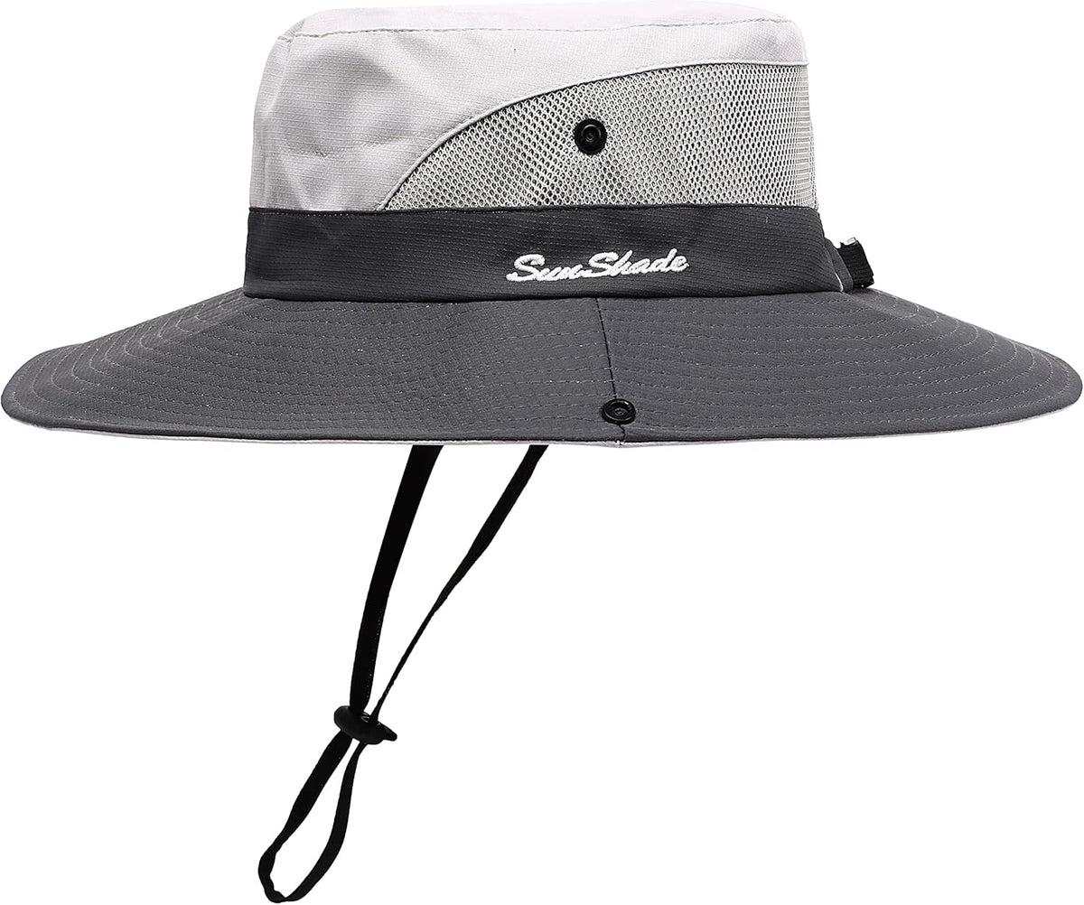 Womens Summer Sun Hat Beach Hat Wide Brim Outdoor UV Protection Hat Foldable Cool Mesh Ponytail Bucket Hat