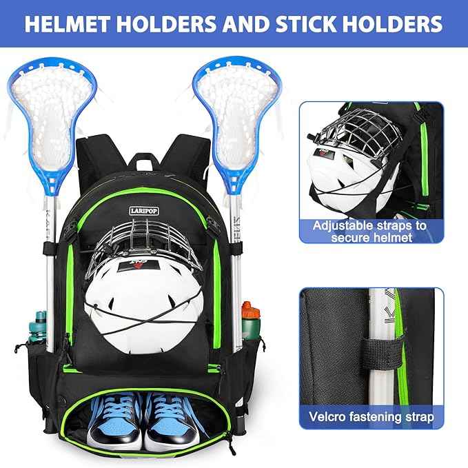 LARIPOP Lacrosse Bag Extra Large Backpack with Stick Holders & Helmet Compartment for Men Women Youth