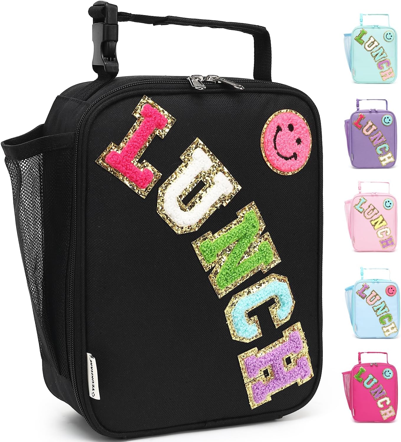 FlowFly Lunch box Insulated Soft Bag Mini Cooler Back to School Thermal Meal Tote Kit With Buckle and Mesh Side Pocket for Girls, Boys, BlackWithLetter