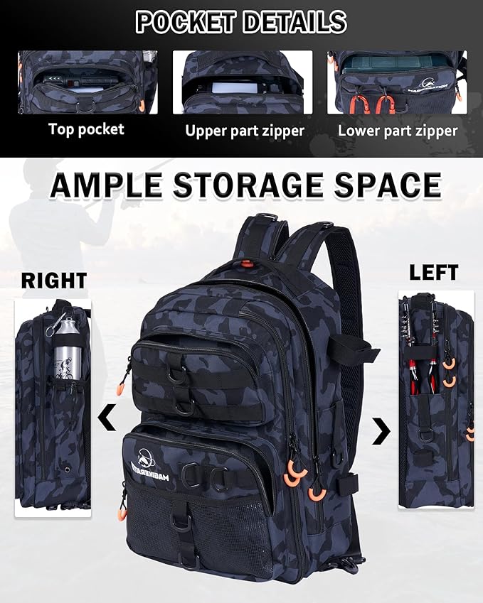 Fishing Backpack with Rod Holders,900D Oxford Water-Resistant Fishing Gear,42L Large Storage Tackle Bag for Men