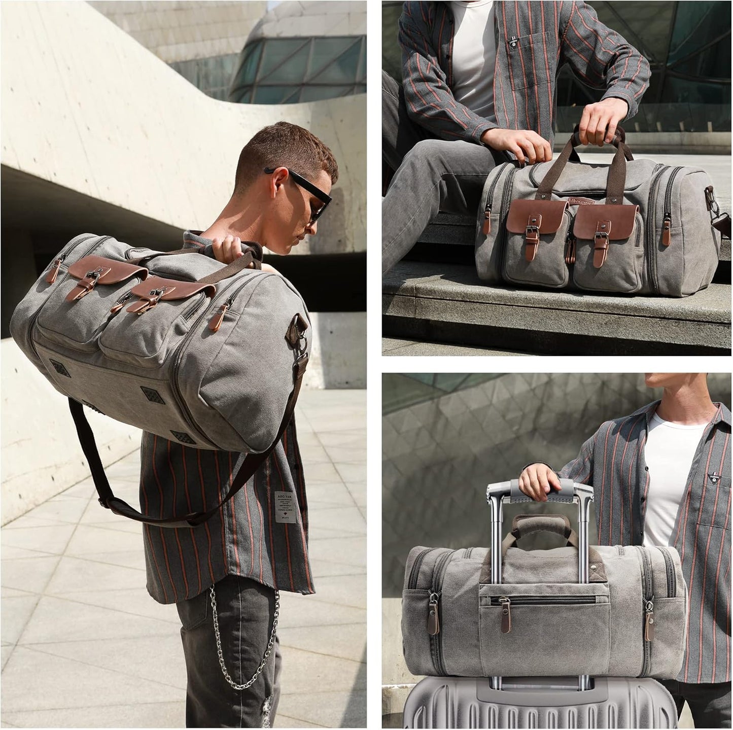 Wildroad 60L Travel Duffel Bag, Expandable Canvas Genuine Leather Duffle Bag Upgraded Overnight Weekender Bag Carry on Bag - Roamly