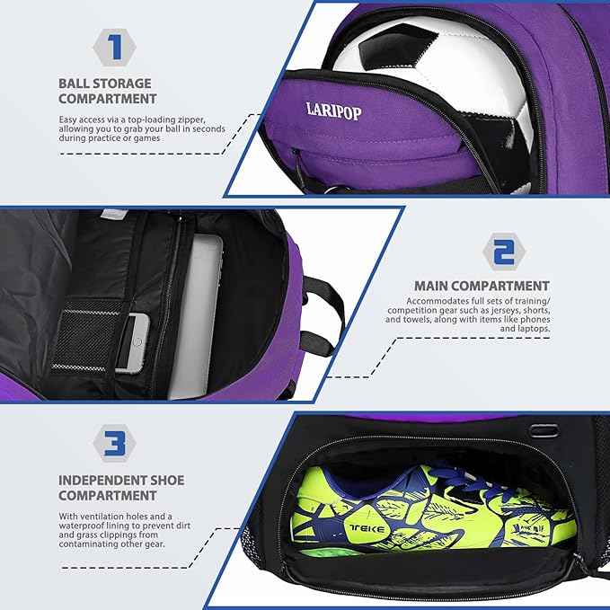 LARIPOP Soccer Backpack Soccer Bag with Ball Holder & Shoe Compartment Youth Sports Equipment Training Bag