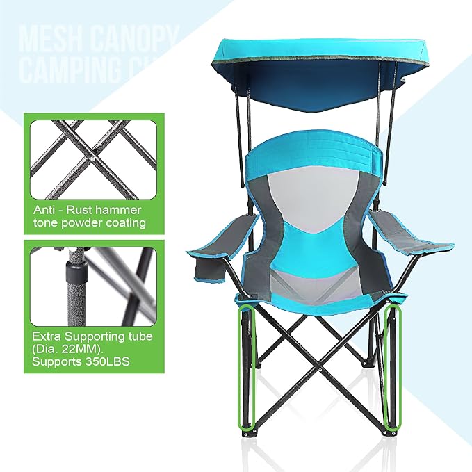 ALPHA CAMP Heavy Duty Canopy Camping Chair, 350 lbs Capacity Oversized Folding Chair with Adjustable Sunshade, Portable Sunshade Chair with Cup Holder for Beach, Fishing, Outdoor