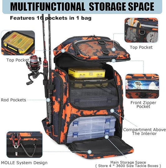 HAMBOLY Fishing Backpack with Rod Holders, 40L Tackle Box Backpack for Fishing Gear, Waterproof Fishing Bag for Men